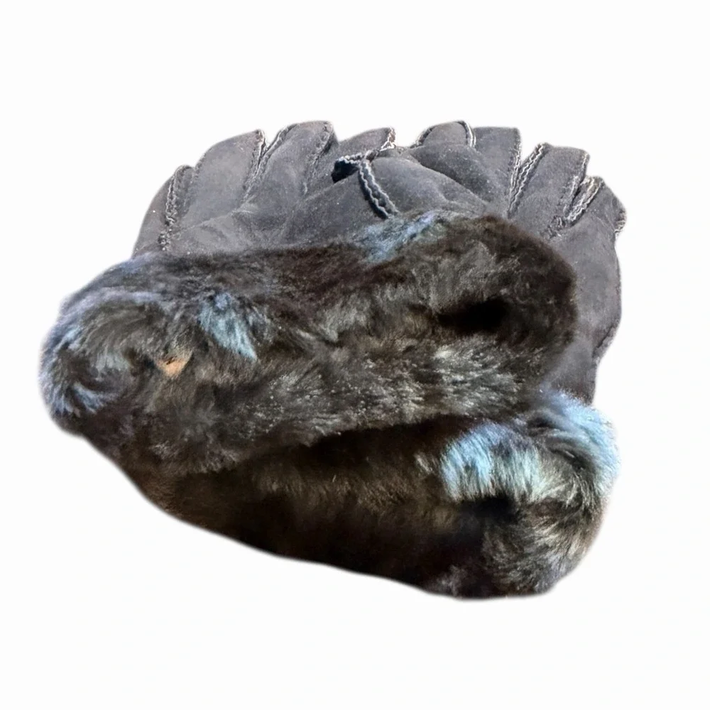 Black Genuine Lamb Fur Skin Shearling Suede Gloves with Blue Teal Trim